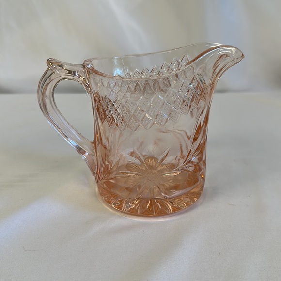 DEPRESSION GLASS PINK FLORAL AND DIAMOND BAND SMALL PITCHER - Picture 2 of 16